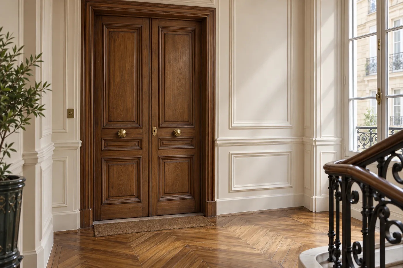 Porte palière ancienne à deux vantaux en chêne, restaurée, sur le palier d'un immeuble ancien du 1er arrondissement de Paris